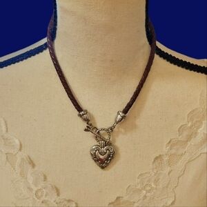 VTG BRIGHTON 1990s Brown Leather Braided Heart Toggle Necklace